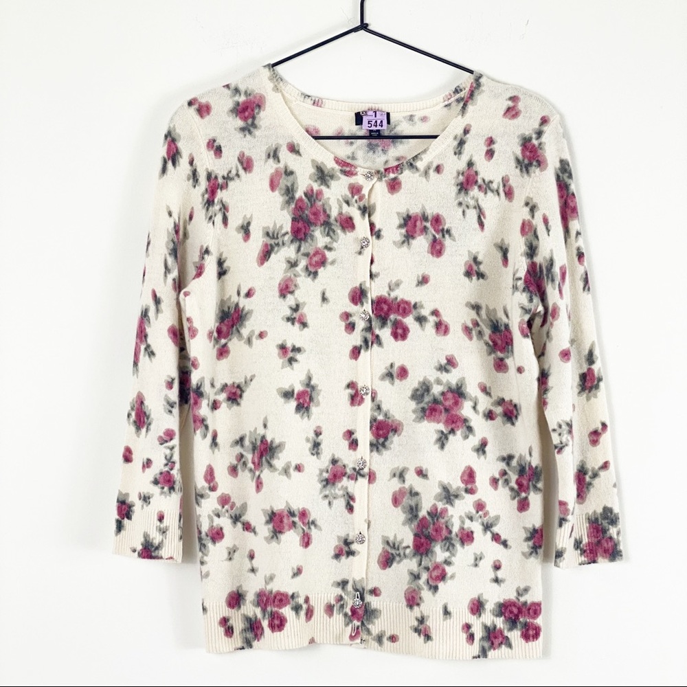 Talbots Petites Cottagecore Cardigan Ivory Pink Floral Rhinestone Buttons - Picture 2 of 6